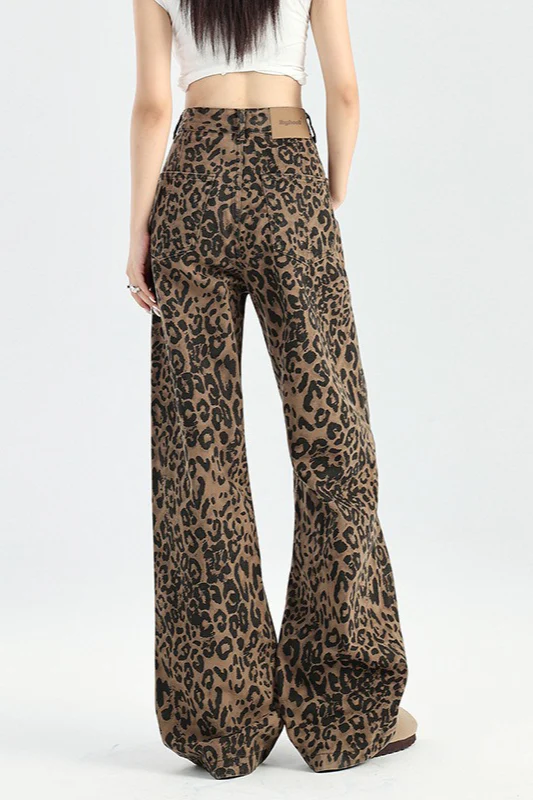 Leopard Print High Waist Fleece Lined Wide Leg Straight Jeans