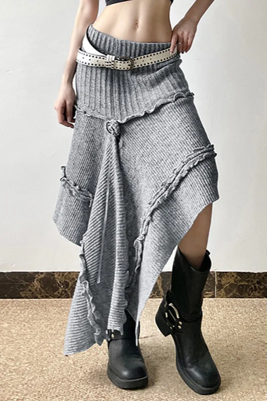 Knit Asymmetric Hem High Waist Midi Skirt