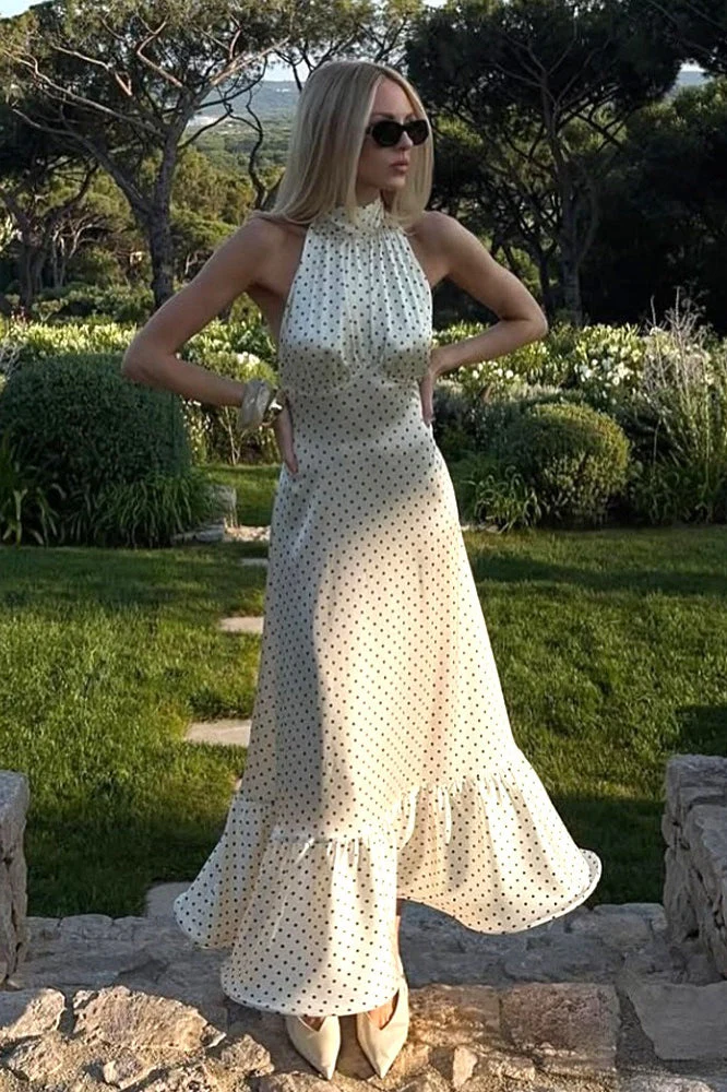 Polka Dot Backless Satin Maxi Dress