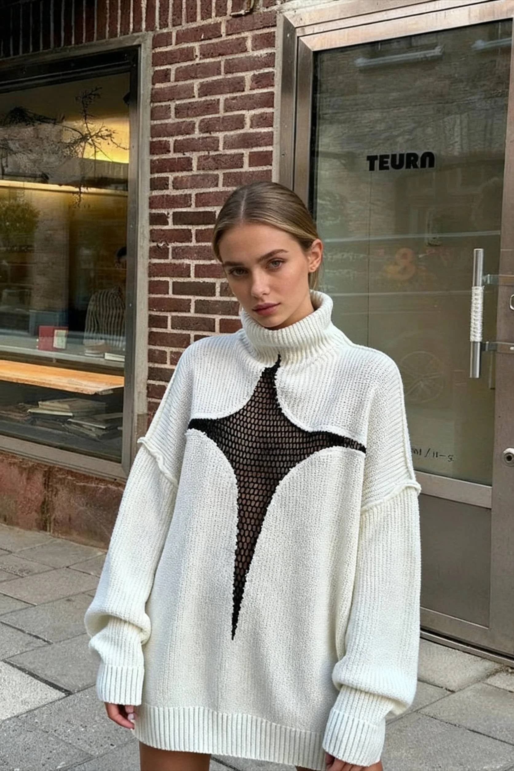 Spring Autumn Hollow Out Knitwear Mesh Patchwork Long Sleeve High Neck Ribbed Knitted Pullovers Sweater