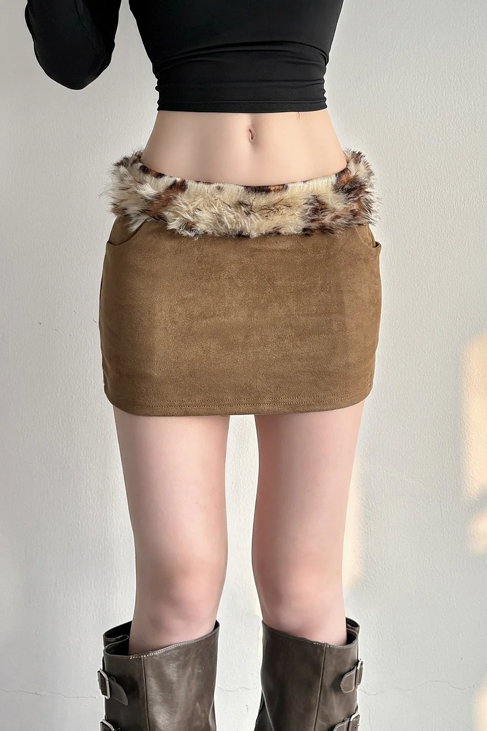 Solid Color Faux Trim Bodycon Mini Skirt