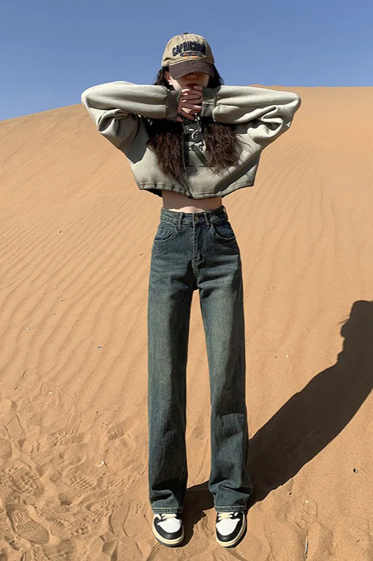 Cement Gray High Waist Straight Wide Leg Extended Jeans