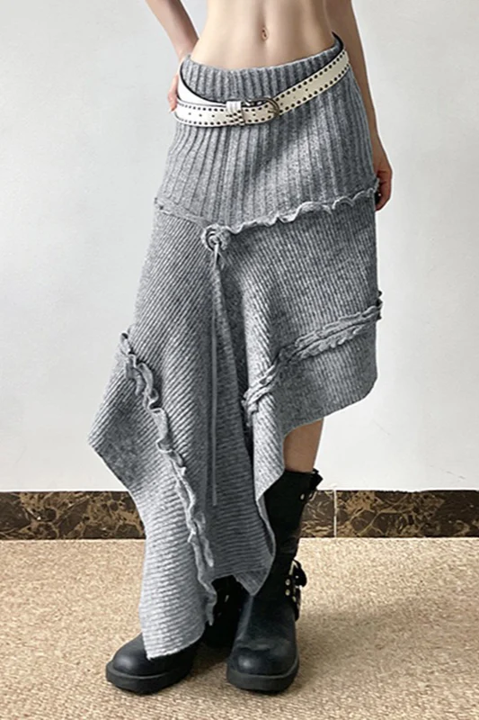 Knit Asymmetric Hem High Waist Midi Skirt