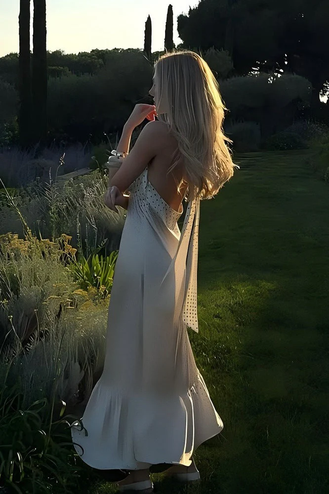 Polka Dot Backless Satin Maxi Dress