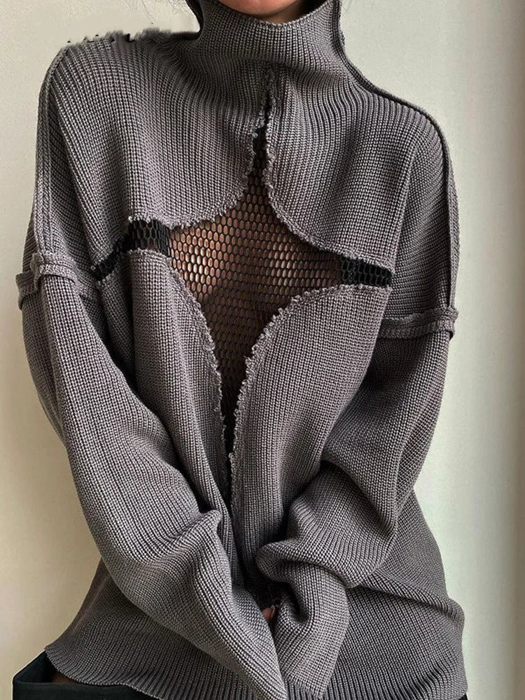 Spring Autumn Hollow Out Knitwear Mesh Patchwork Long Sleeve High Neck Ribbed Knitted Pullovers Sweater