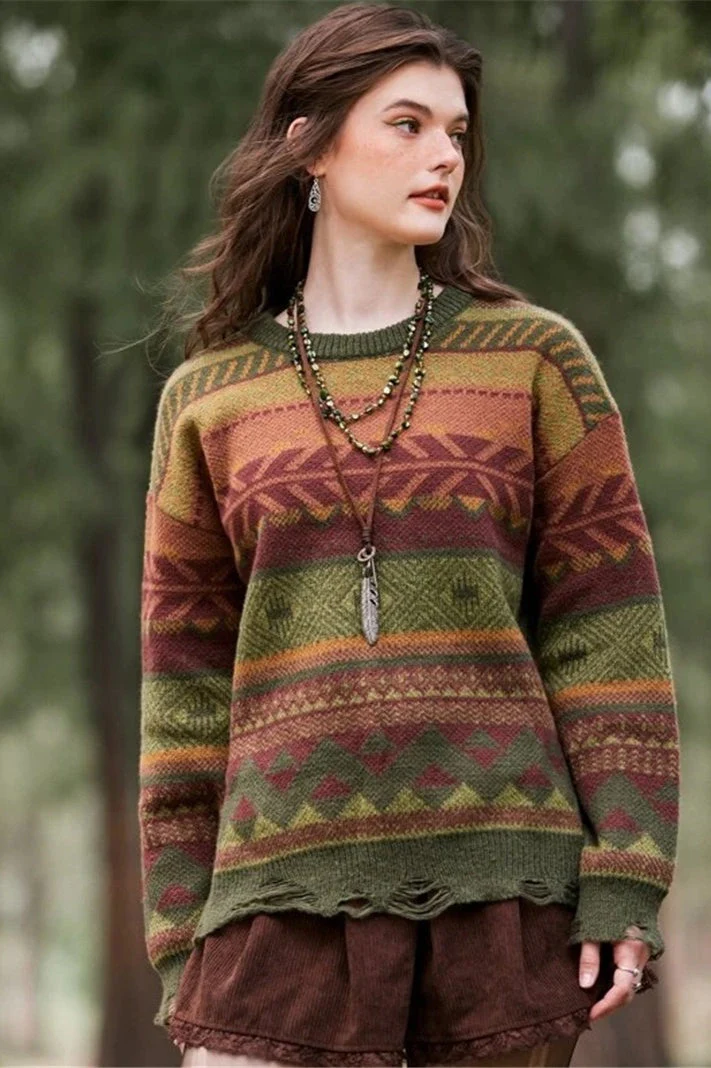Distressed Geometric Knit Sweater